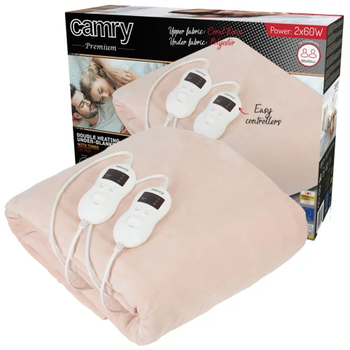 Koc elektryczny Camry CR 7424 podkładowy mata grzewcza pilot LED 8 poziomów grzania z czasomierzem dwuosobowy 150x160cm 2x60W beżowy