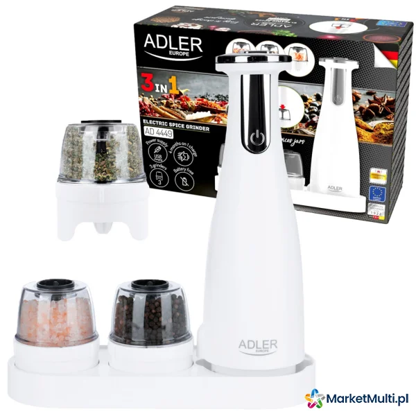 Zestaw 3 młynków do przypraw Adler AD 4449w młynek do pieprzu soli solniczka pieprzniczka elektryczny USB-C 1500 mAh